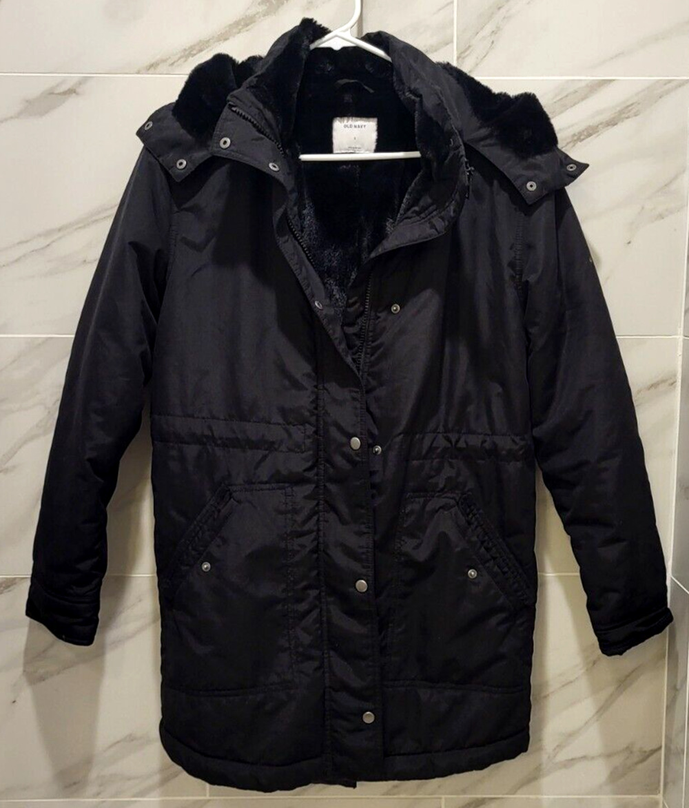 Old Navy Black Faux Fur Lined Hooded Parka Jacket Snapped Pockets Womens Small